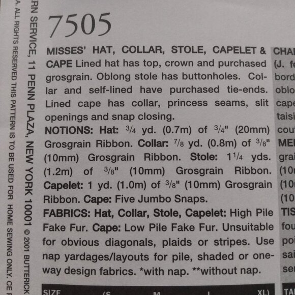 Vintage Vogue Winter Hat Sewing Pattern Collar, Stole, Capelet, Cape UNCUT 7505 - Picture 6 of 10